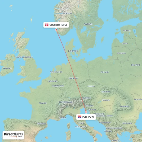 Pula - Stavanger direct flight map