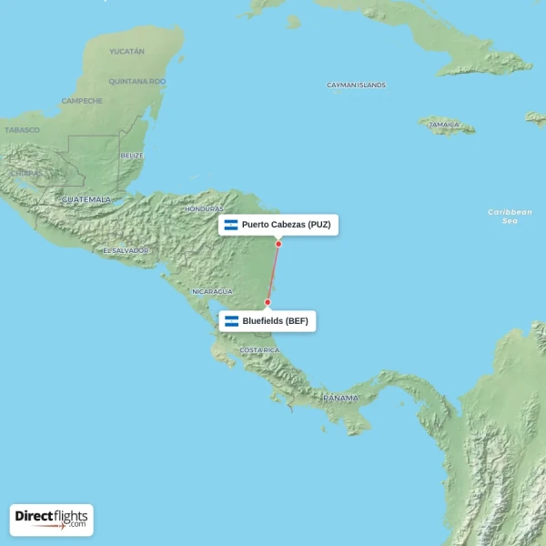 Puerto Cabezas - Bluefields direct flight map
