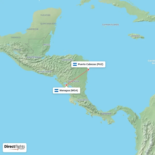 Puerto Cabezas - Managua direct flight map
