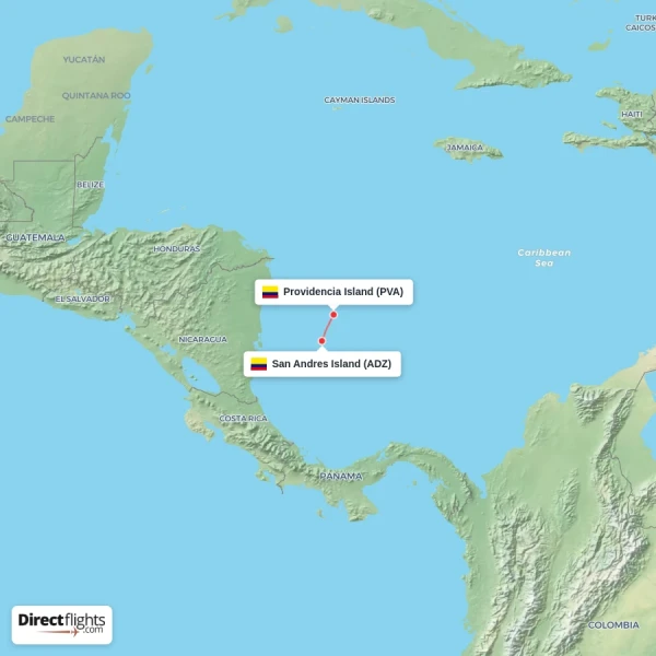 Providencia Island - San Andres Island direct flight map