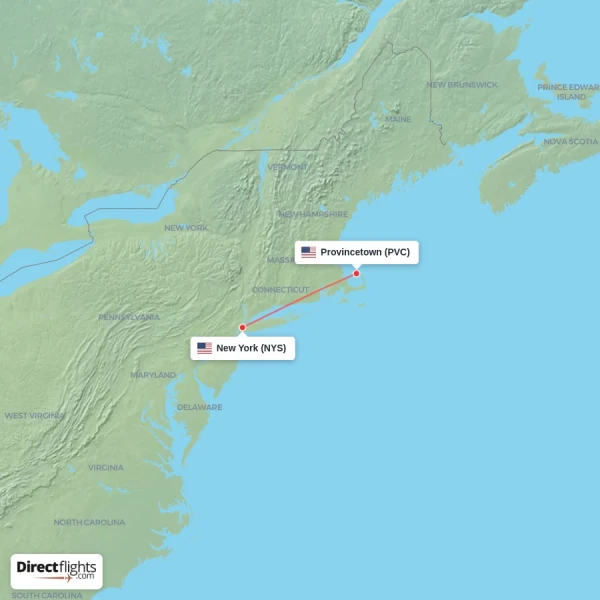 Provincetown - New York direct flight map