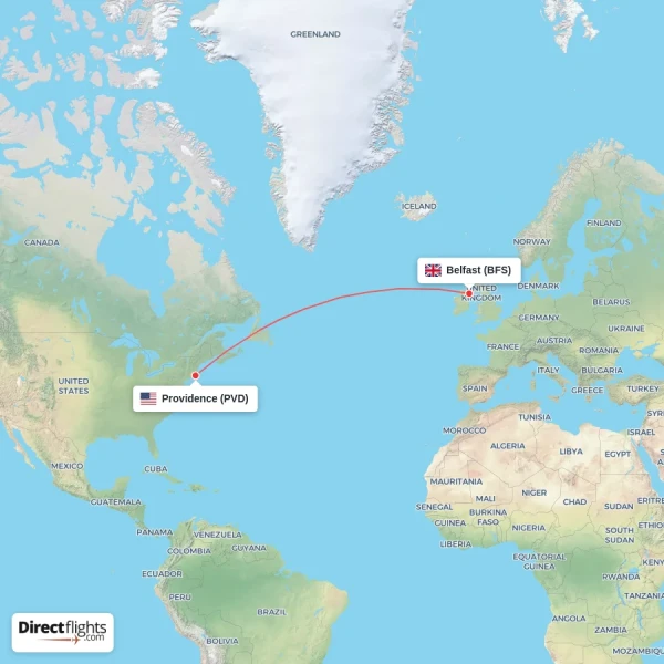 Providence - Belfast direct flight map