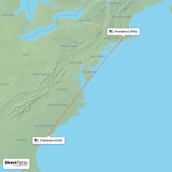 Providence - Charleston direct flight map