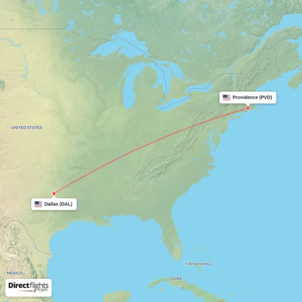 Providence - Dallas direct flight map