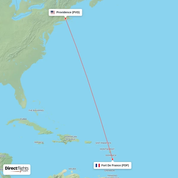 Providence - Fort De France direct flight map