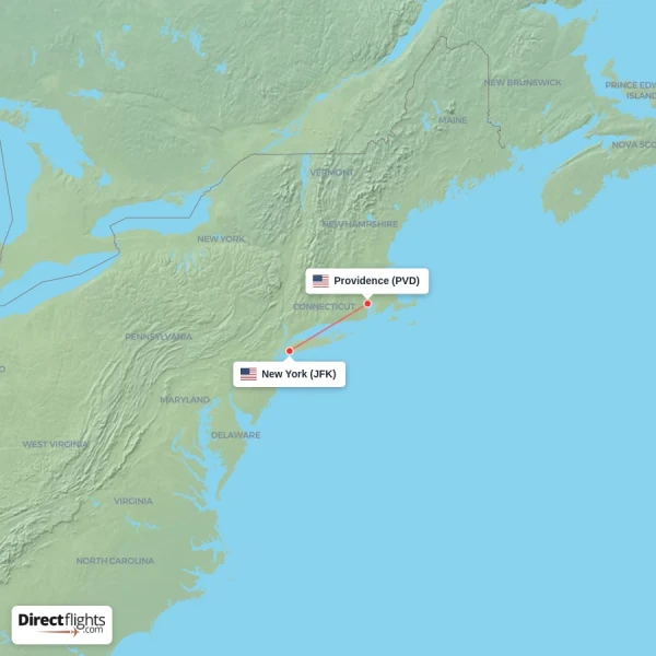 Providence - New York direct flight map