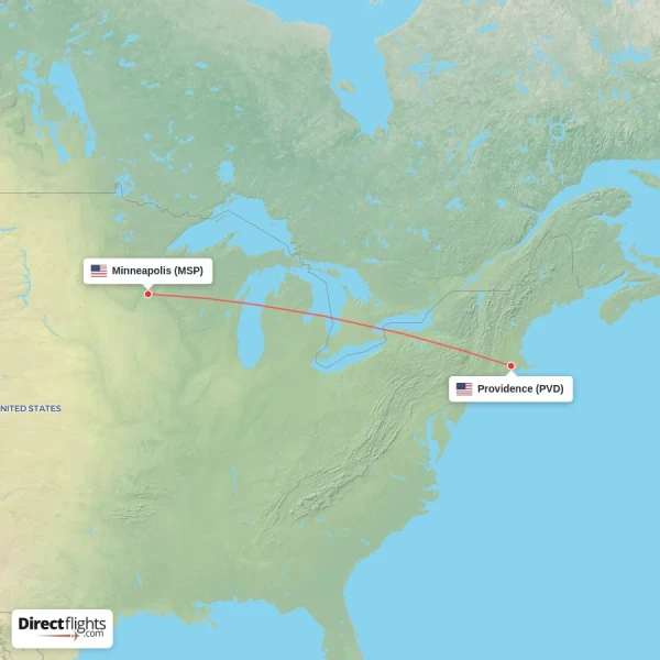 Providence - Minneapolis direct flight map