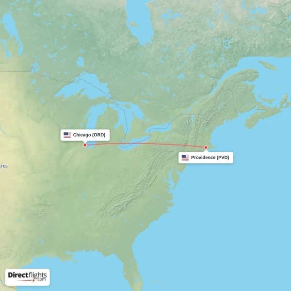 Providence - Chicago direct flight map