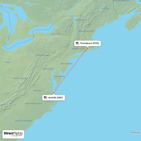 Providence - Norfolk direct flight map