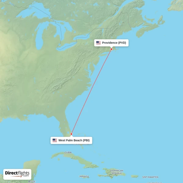 Providence - West Palm Beach direct flight map