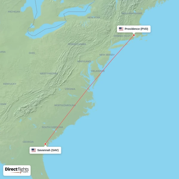Providence - Savannah direct flight map