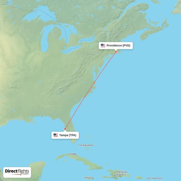 Providence - Tampa direct flight map