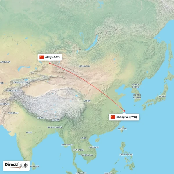 Shanghai - Altay direct flight map