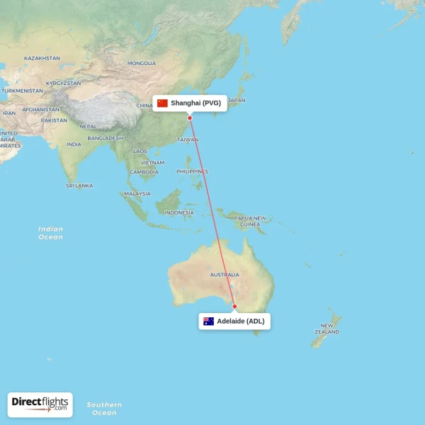 Shanghai - Adelaide direct flight map