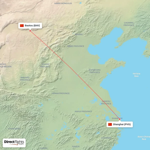 Shanghai - Baotou direct flight map