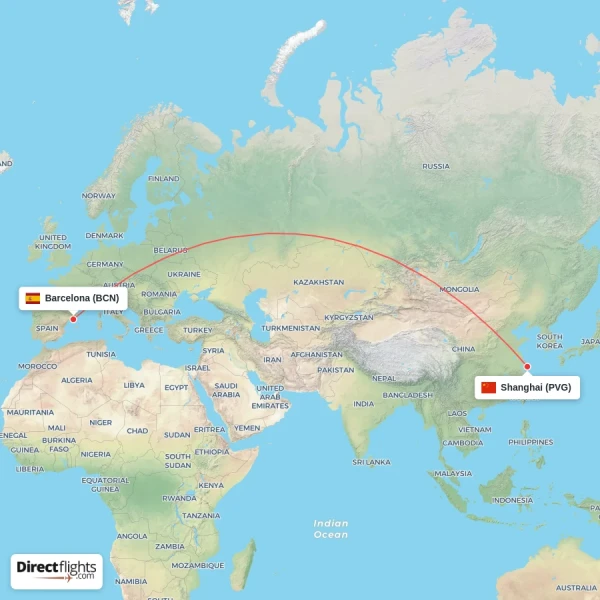 Shanghai - Barcelona direct flight map