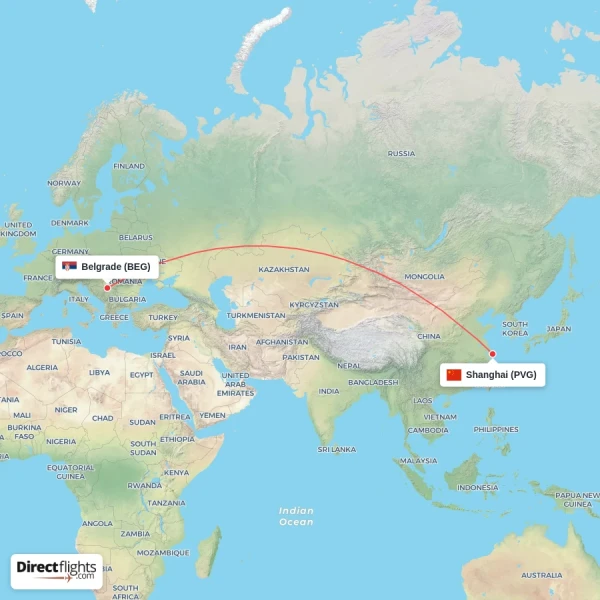 Shanghai - Belgrade direct flight map