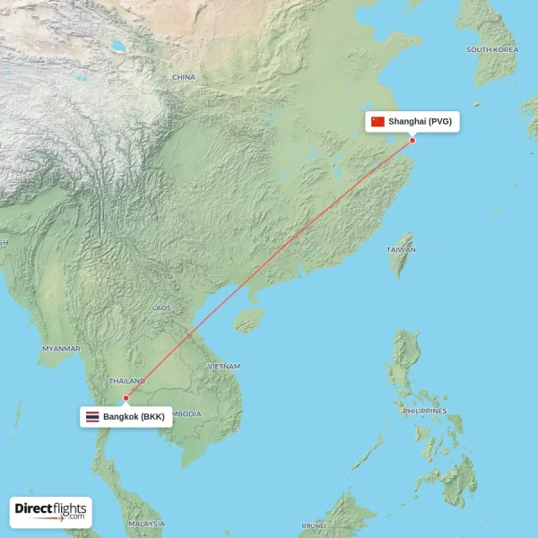 Shanghai - Bangkok direct flight map