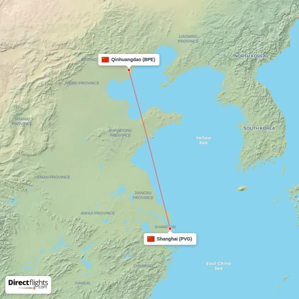 Shanghai - Qinhuangdao direct flight map
