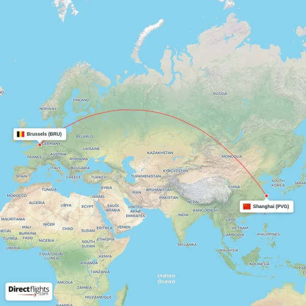 Shanghai - Brussels direct flight map