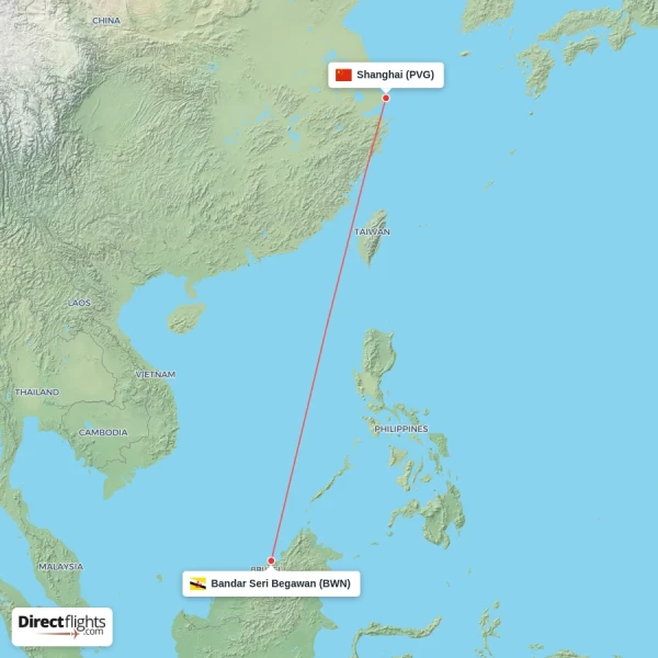Shanghai - Bandar Seri Begawan direct flight map