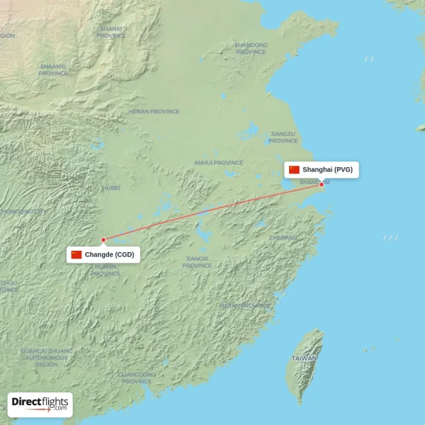 Shanghai - Changde direct flight map