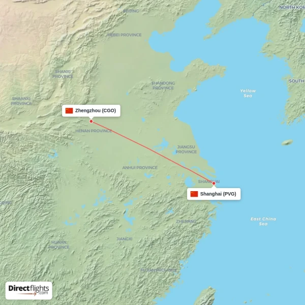 Shanghai - Zhengzhou direct flight map