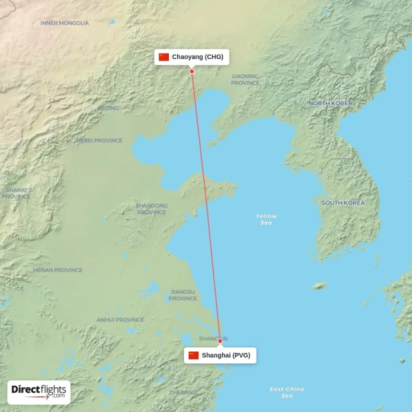 Shanghai - Chaoyang direct flight map