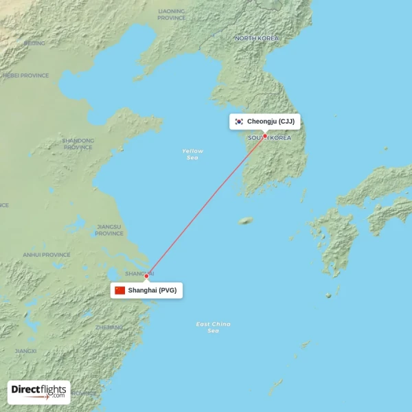 Shanghai - Cheongju direct flight map
