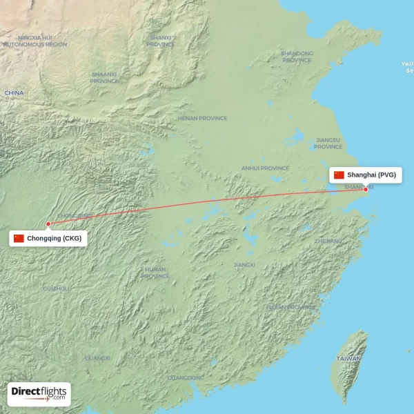 Shanghai - Chongqing direct flight map