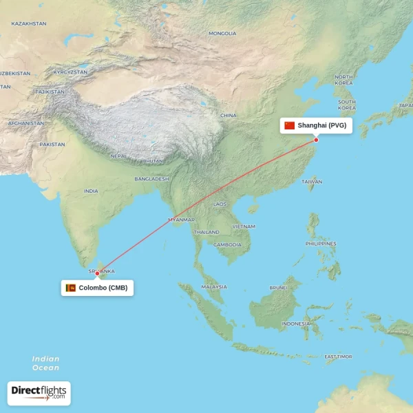 Shanghai - Colombo direct flight map