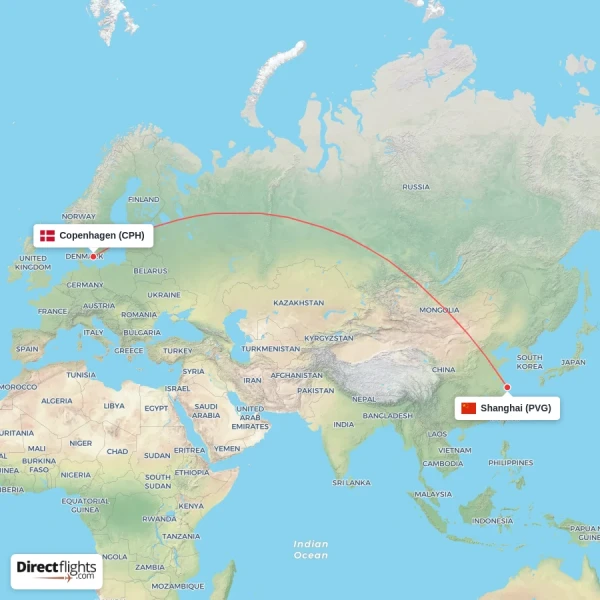 Shanghai - Copenhagen direct flight map