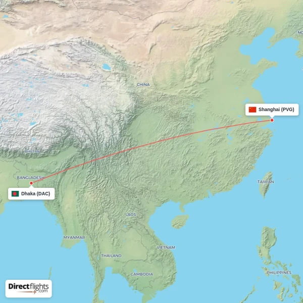 Shanghai - Dhaka direct flight map