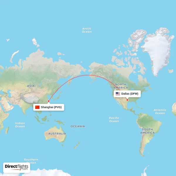 Shanghai - Dallas direct flight map