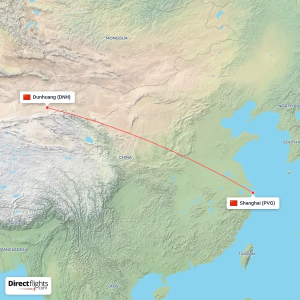 Shanghai - Dunhuang direct flight map