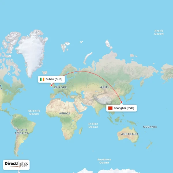 Shanghai - Dublin direct flight map