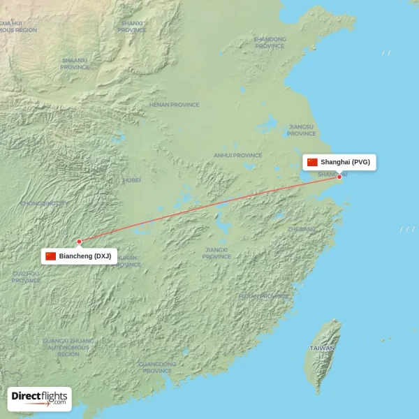 Shanghai - Biancheng direct flight map