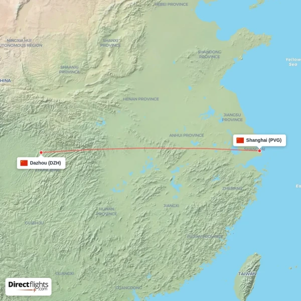 Shanghai - Dazhou direct flight map