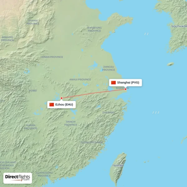 Shanghai - Ezhou direct flight map