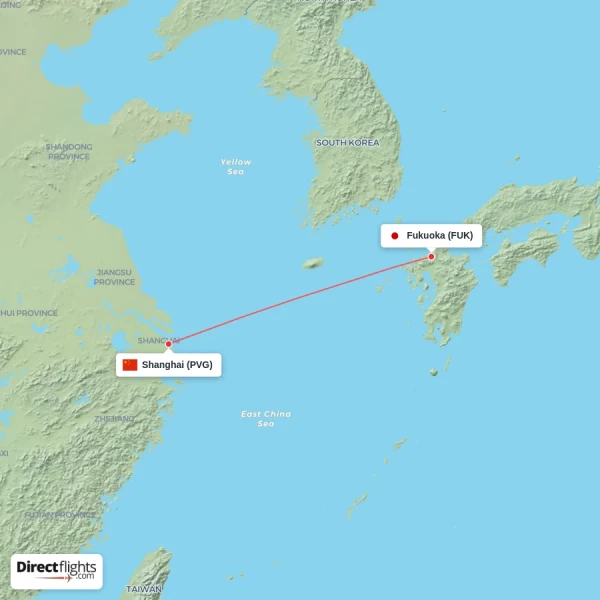 Shanghai - Fukuoka direct flight map