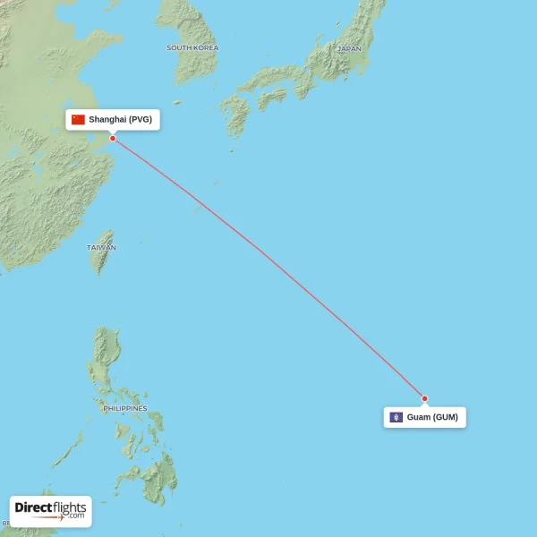 Shanghai - Guam direct flight map