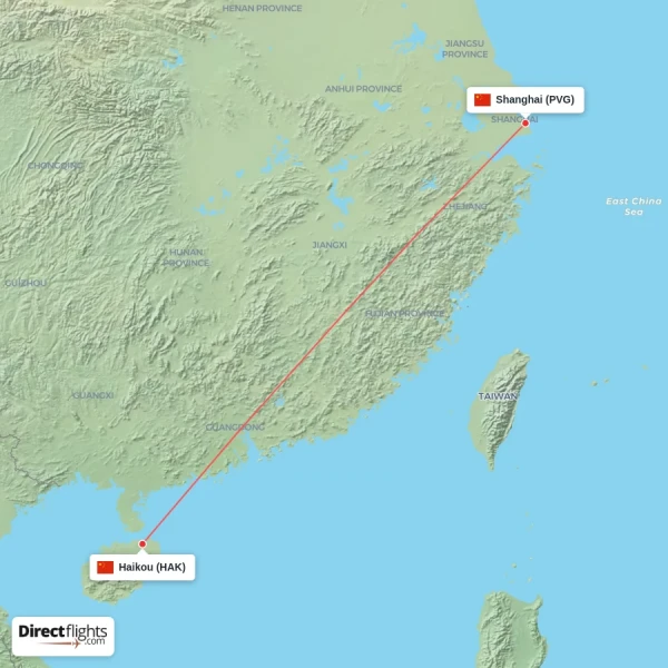 Shanghai - Haikou direct flight map