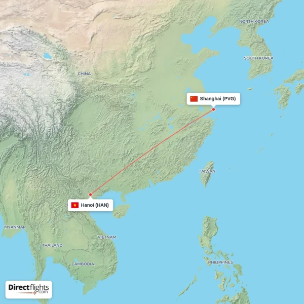 Shanghai - Hanoi direct flight map