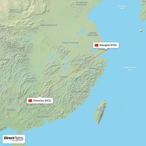 Shanghai - Chenzhou direct flight map
