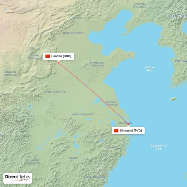 Shanghai - Handan direct flight map