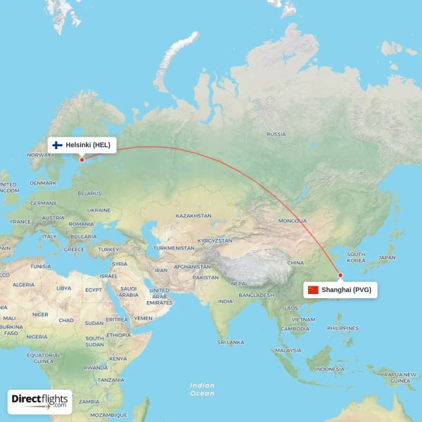 Shanghai - Helsinki direct flight map