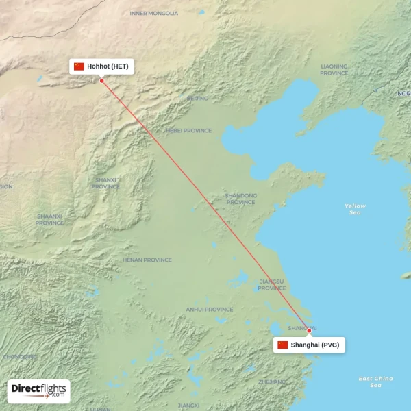 Shanghai - Hohhot direct flight map