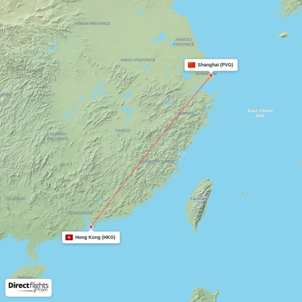 Shanghai - Hong Kong direct flight map