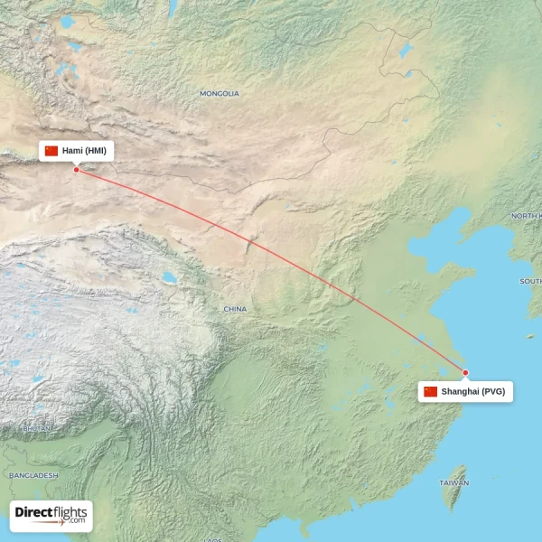 Shanghai - Hami direct flight map