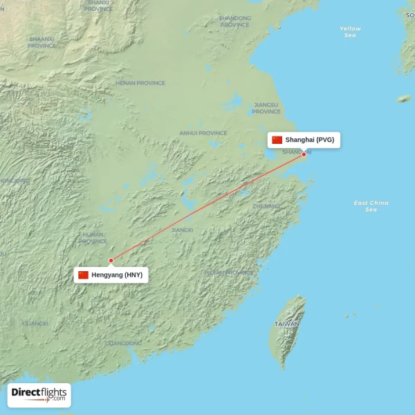 Shanghai - Hengyang direct flight map
